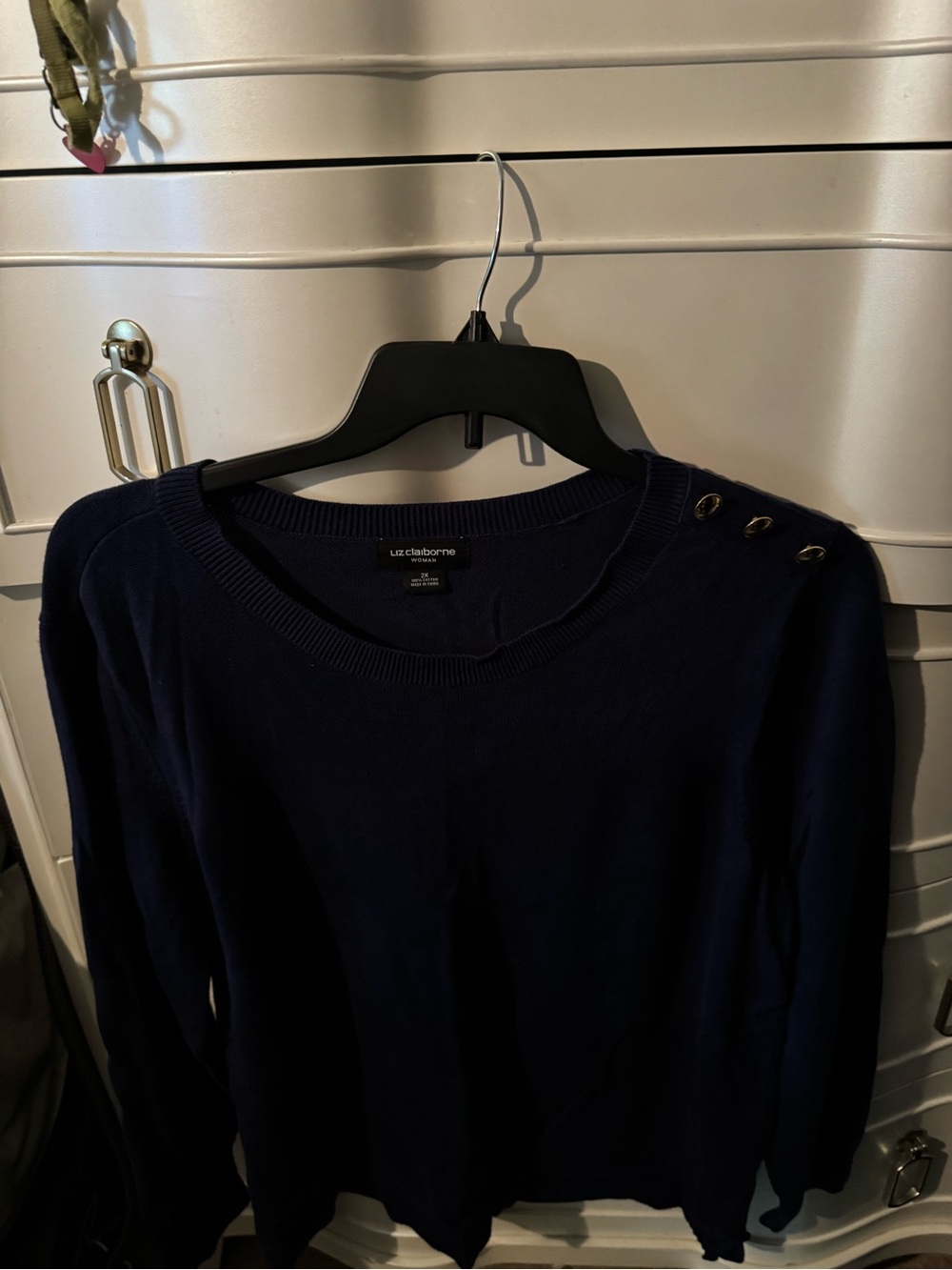 Liz Claiborne Navy Crewneck Sweater with Shoulder Buttons